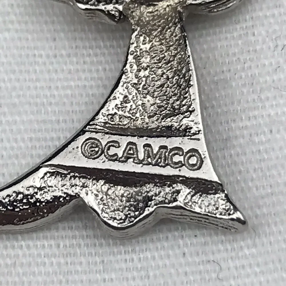 CAMCO Vintage Angel Pin Brooch Silver Tone Green Jeweled Heart Religious